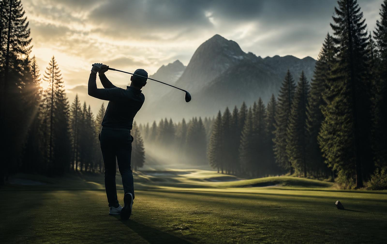Golfer finishing a drive on a misty fairway at sunrise